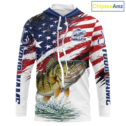 Personalized Patriotic Walleye Fishing Shirts Long Sleeve Hooded , American Flag Fishing Jerseys For Men NHT774