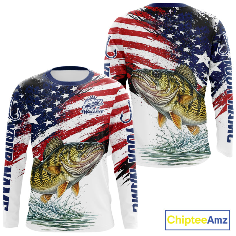 Personalized Patriotic Walleye Fishing Shirts Long Sleeve , American Flag Fishing Jerseys For Men NHT774