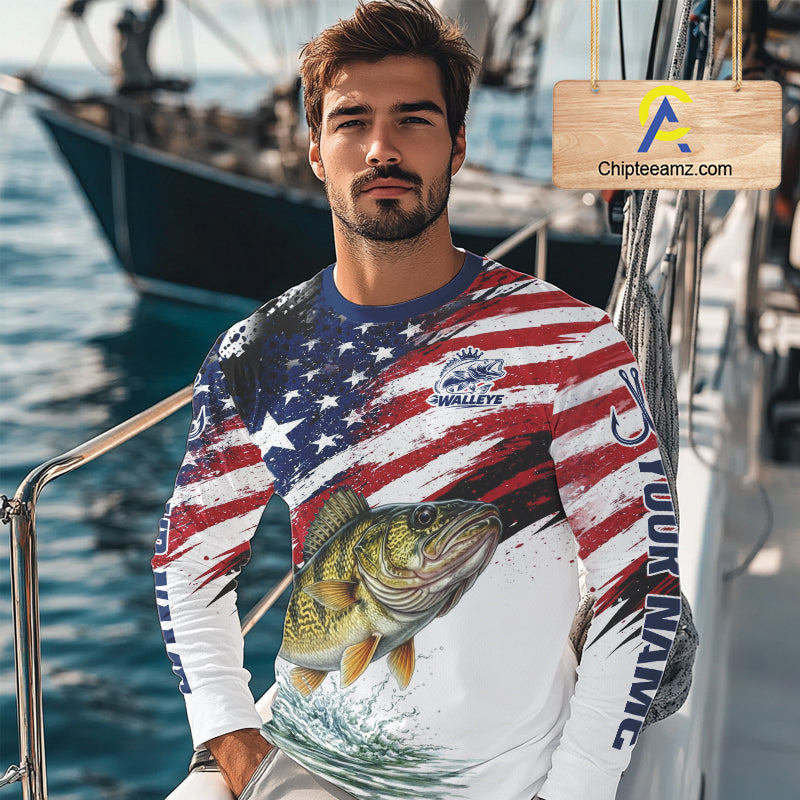 Personalized Patriotic Walleye Fishing Shirts Long Sleeve , American Flag Fishing Jerseys For Men NHT774