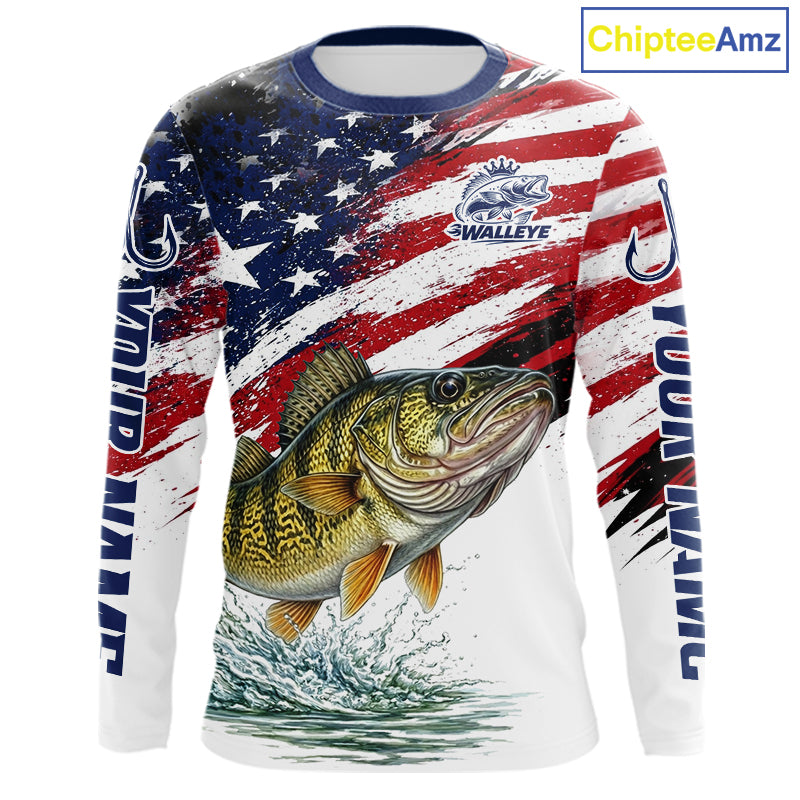 Personalized Patriotic Walleye Fishing Shirts Long Sleeve , American Flag Fishing Jerseys For Men NHT774