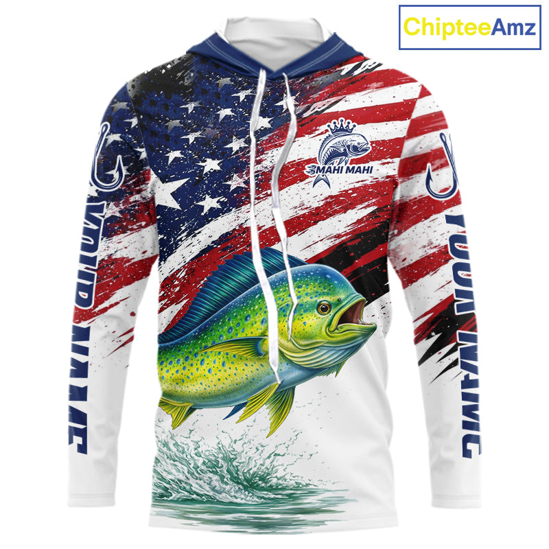 Personalized Patriotic Mahi Mahi( Dorado) Fishing Shirts Long Sleeve Hooded, American Flag Fishing Jerseys For Men NHT775
