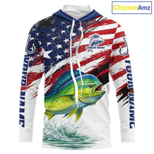 Load image into Gallery viewer, Personalized Patriotic Mahi Mahi( Dorado) Fishing Shirts Long Sleeve Hooded, American Flag Fishing Jerseys For Men NHT775