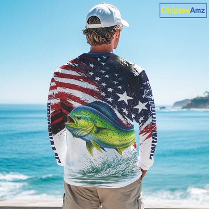 Personalized Patriotic Mahi Mahi( Dorado) Fishing Shirts Long Sleeve, American Flag Fishing Jerseys For Men NHT775