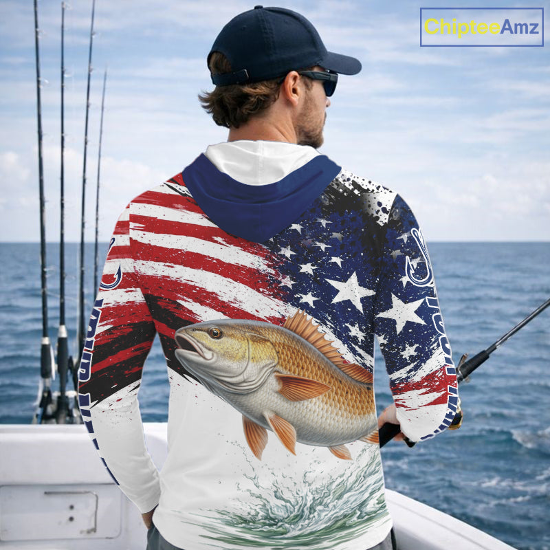 Personalized Patriotic Redfish Fishing Shirts Long Sleeve Hooded, American Flag Fishing Jerseys For Men NHT776