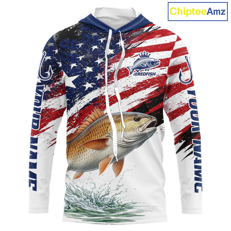 Personalized Patriotic Redfish Fishing Shirts Long Sleeve Hooded, American Flag Fishing Jerseys For Men NHT776