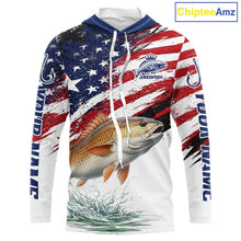Load image into Gallery viewer, Personalized Patriotic Redfish Fishing Shirts Long Sleeve Hooded, American Flag Fishing Jerseys For Men NHT776