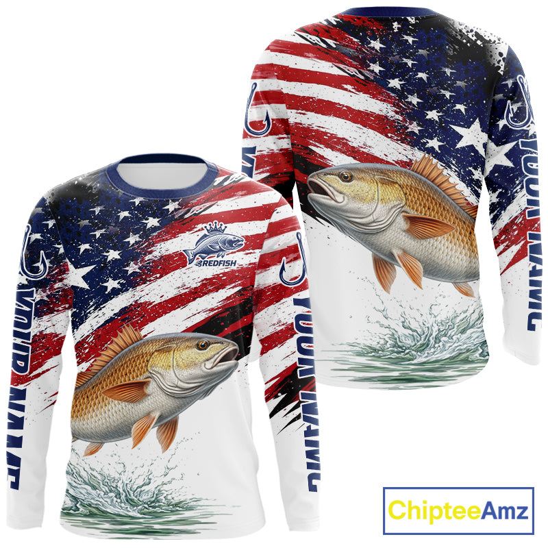 Personalized Patriotic Redfish Fishing Shirts Long Sleeve, American Flag Fishing Jerseys For Men NHT776