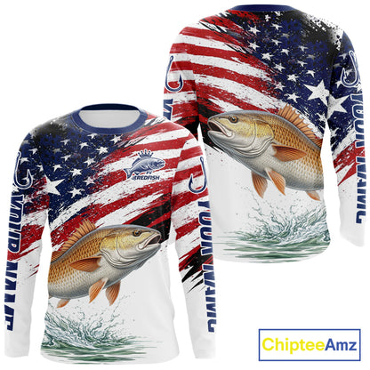 Personalized Patriotic Redfish Fishing Shirts Long Sleeve, American Flag Fishing Jerseys For Men NHT776
