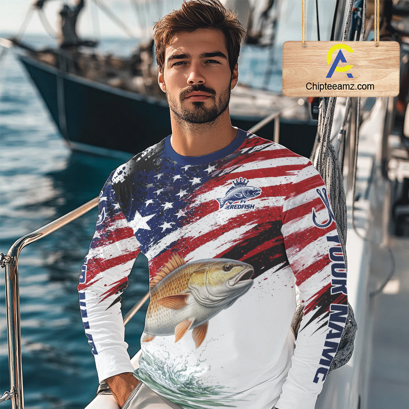 Personalized Patriotic Redfish Fishing Shirts Long Sleeve, American Flag Fishing Jerseys For Men NHT776