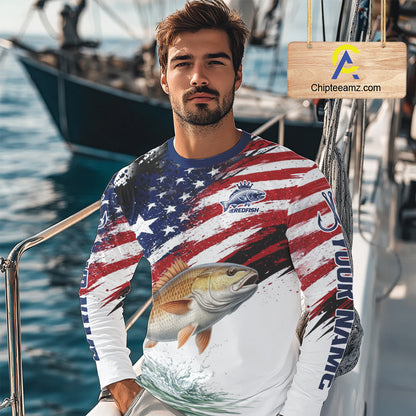 Personalized Patriotic Redfish Fishing Shirts Long Sleeve, American Flag Fishing Jerseys For Men NHT776