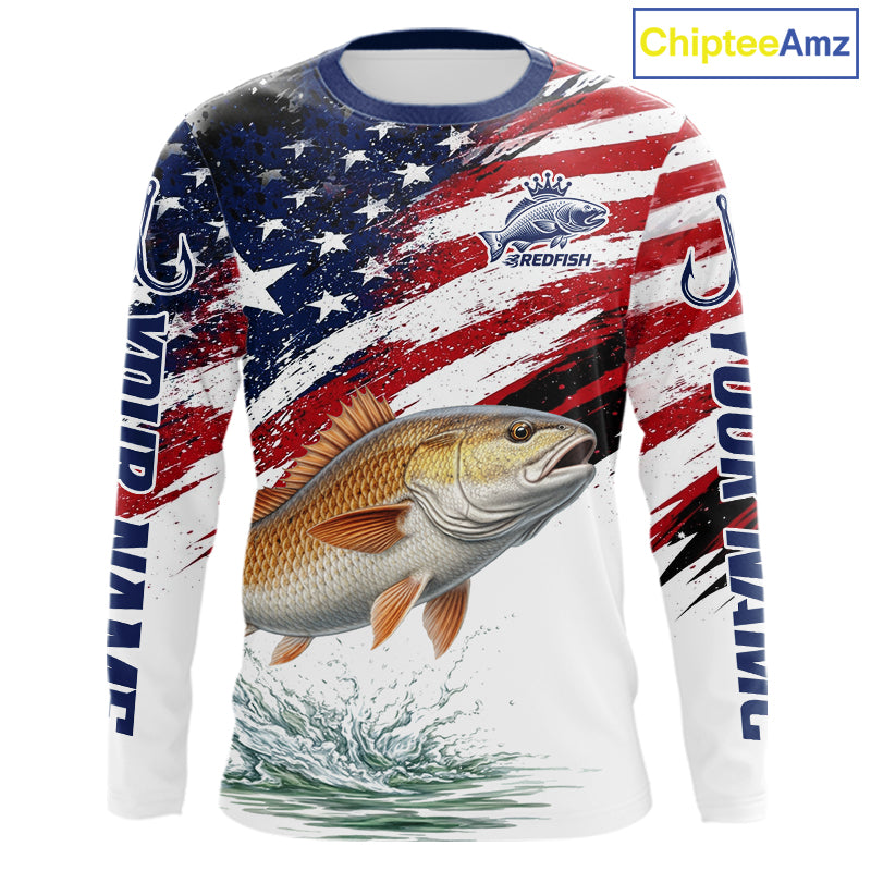 Personalized Patriotic Redfish Fishing Shirts Long Sleeve, American Flag Fishing Jerseys For Men NHT776
