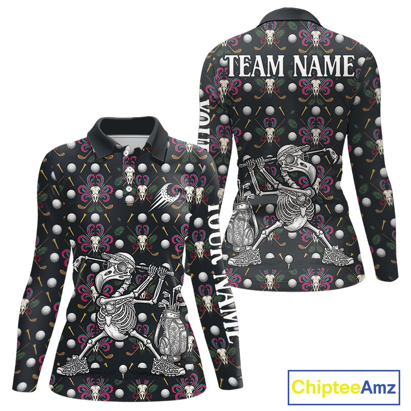 Dark Skull Golf Polo Shirt – Gothic Skeleton Flamingo Pattern Funny Golf Shirt For Womens NHT781