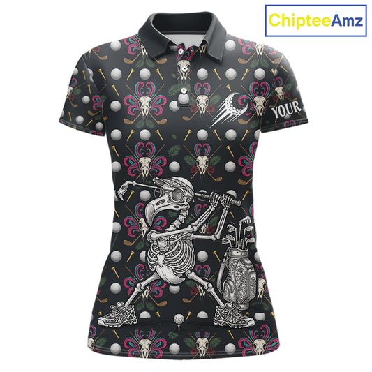 Dark Skull Golf Polo Shirt – Gothic Skeleton Flamingo Pattern Funny Golf Shirt For Womens NHT781