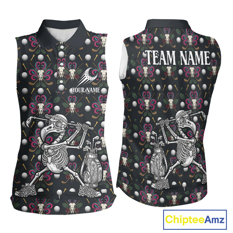 Dark Skull Sleeveless Womens Golf Polo Shirt – Gothic Skeleton Flamingo Pattern Funny Golf Shirt For Women NHT781