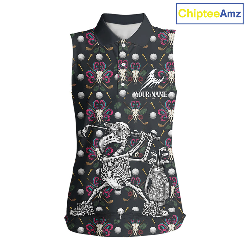 Dark Skull Sleeveless Womens Golf Polo Shirt – Gothic Skeleton Flamingo Pattern Funny Golf Shirt For Women NHT781