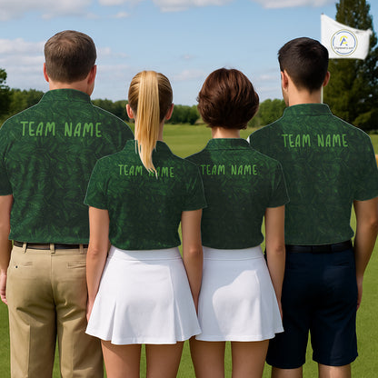 Custom team name golf polo shirt with green leaf pattern, short sleeve NHT938