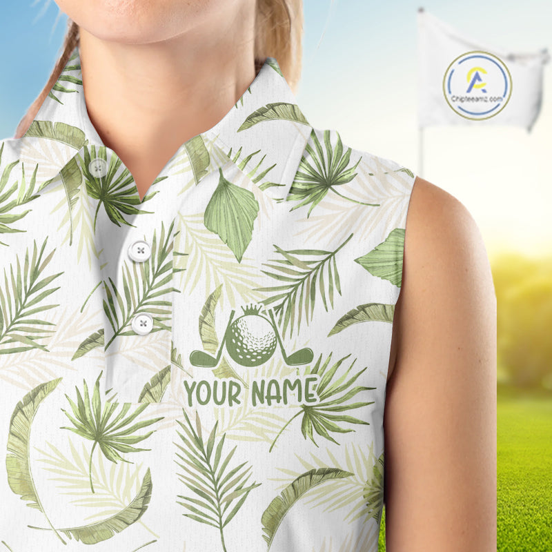 Green Tropical  Womens Sleeveless Golf Polo Shirts Custom Team White Golf Shirt For Golfer NHT942