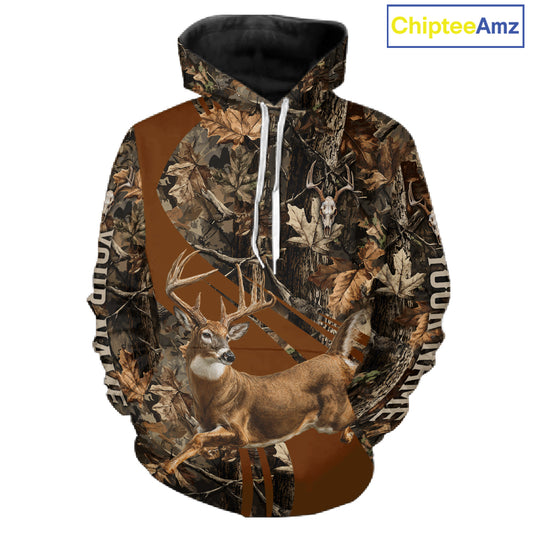 Personalized Whitetail Deer Hunting Shirt, Running Buck Camo Apparel, Custom Name Forest Camo Shirt NHT1402