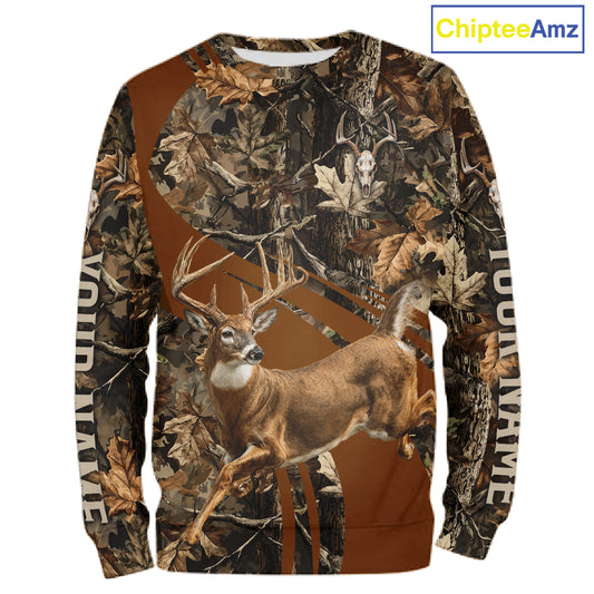 Personalized Whitetail Deer Hunting Shirt, Running Buck Camo Apparel, Custom Name Forest Camo Shirt NHT1402