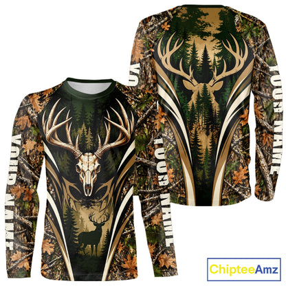 Best Whitetail Deer Hunting Shirt For Men Custom Deer Skull Forest Timber Camo NHT1746