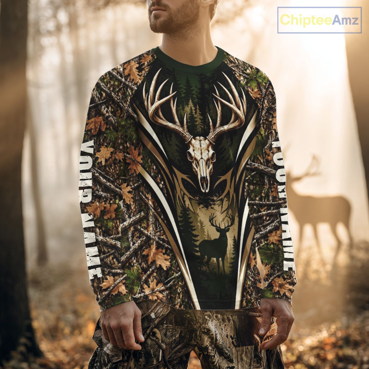 Best Whitetail Deer Hunting Shirt For Men Custom Deer Skull Forest Timber Camo NHT1746