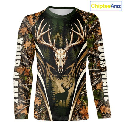 Best Whitetail Deer Hunting Shirt For Men Custom Deer Skull Forest Timber Camo NHT1746