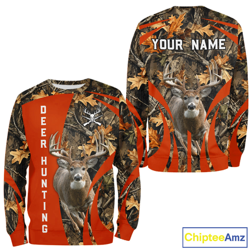 Deer Hunting 3D All Over Printed Orange Autumn Leaves Camo Shirts, Best Hunting Shirt NHT312