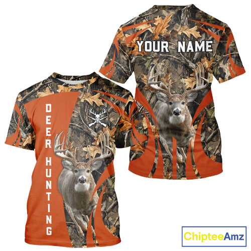 Deer Hunting 3D All Over Printed Orange Autumn Leaves Camo Shirts, Best Hunting Shirt NHT312
