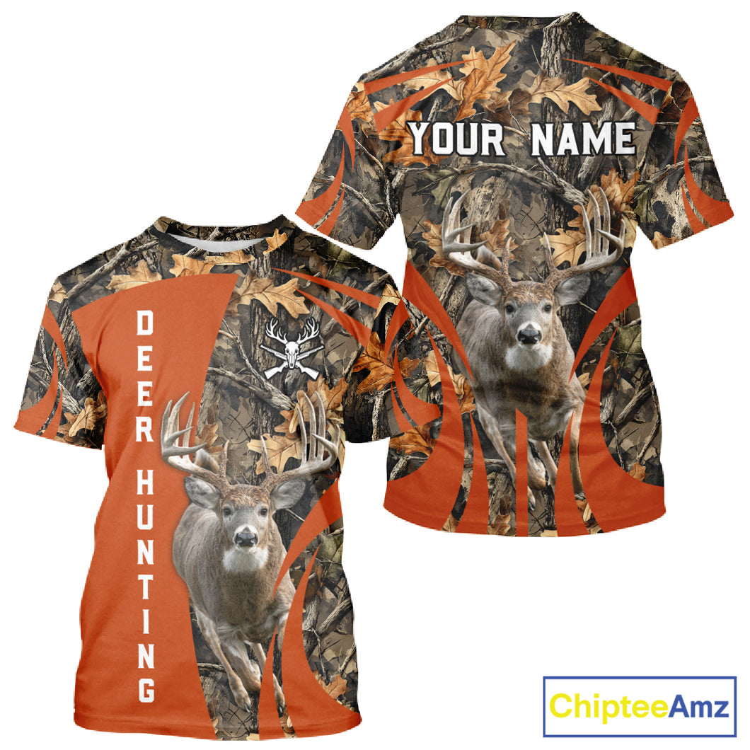 Deer Hunting 3D All Over Printed Orange Autumn Leaves Camo Shirts, Best Hunting Shirt NHT312