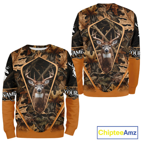 Personalized Whitetail Deer Hunting 3D All Over Printed Hoodie Brown Autumn Leaves Camo NHT314