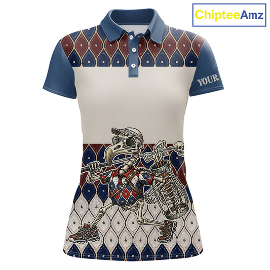 Custom Blue Red Argyle Womens Golf Polo Shirt Skull Flamingo Design, Personalized Team Name Shirt NHT794