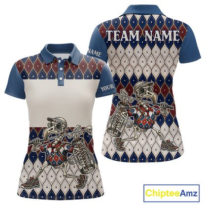 Custom Blue Red Argyle Womens Golf Polo Shirt Skull Flamingo Design, Personalized Team Name Shirt NHT794