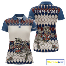 Load image into Gallery viewer, Custom Blue Red Argyle Womens Golf Polo Shirt Skull Flamingo Design, Personalized Team Name Shirt NHT794