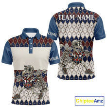 Load image into Gallery viewer, Custom Blue Red Argyle Mens Golf Polo Shirt Skull Flamingo Design, Personalized Team Name Shirt NHT794