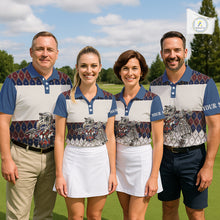 Load image into Gallery viewer, Custom Blue Red Argyle Mens Golf Polo Shirt Skull Flamingo Design, Personalized Team Name Shirt NHT794
