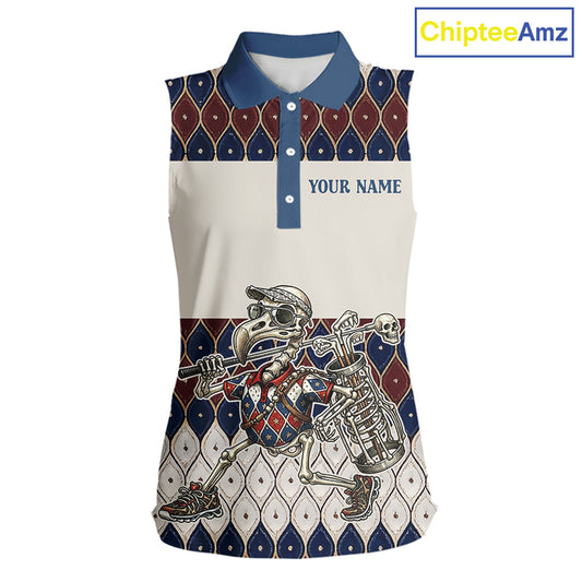 Custom Blue Red Argyle Sleeveless Womens Golf Polo Shirt Skull Flamingo Design, Personalized Team Name Shirt NHT794
