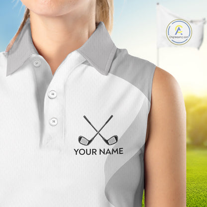 Personalized Golf Ball Sleeveless Polo Shirt Gray Golf Pattern Custom Name Golf Polo For Womens NHT950