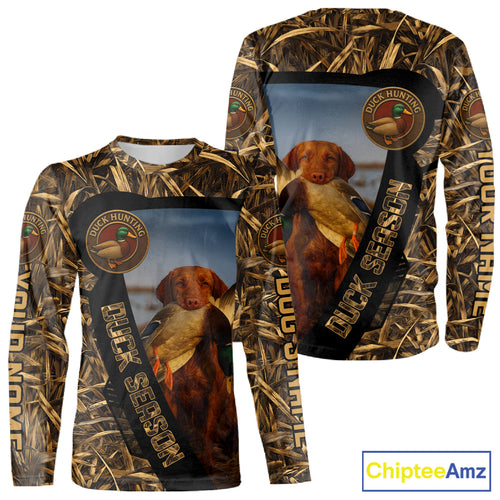 Duck Hunting Shirt Custom Name with Vizsla Dog Camo Hunting Clothes For Duck Hunters NHT153