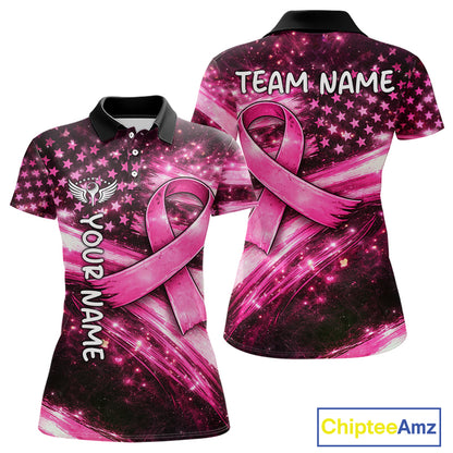 Personalized Breast Cancer Awareness Polo Shirt American Flag Pink Ribbon – Golf Gift For Women NHT799