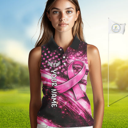 Personalized Breast Cancer Awareness Sleeveless Women Polo Shirt American Flag Pink Ribbon – Golf Gift For Women NHT799