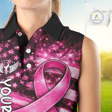 Load image into Gallery viewer, Personalized Breast Cancer Awareness Sleeveless Women Polo Shirt American Flag Pink Ribbon – Golf Gift For Women NHT799