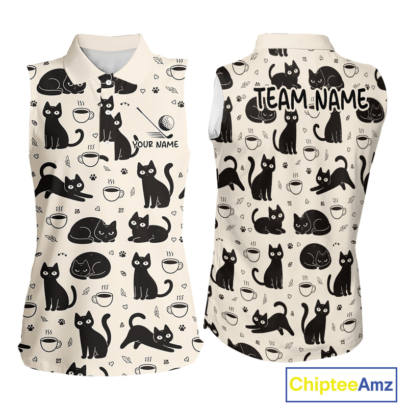 Personalized Black Cat Lover Sleeveless Women Golf Polo Shirt – Custom Name Cute Cat Pattern Shirt For Women NHT801