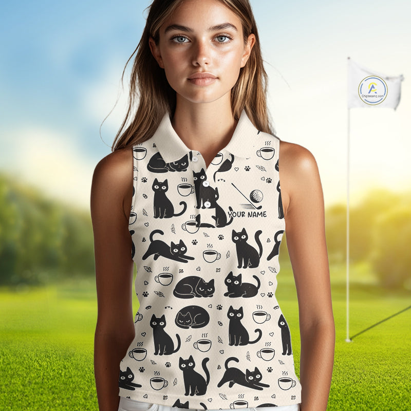 Personalized Black Cat Lover Sleeveless Women Golf Polo Shirt – Custom Name Cute Cat Pattern Shirt For Women NHT801