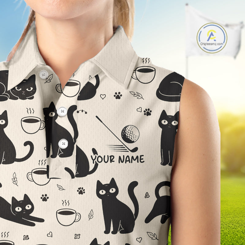 Personalized Black Cat Lover Sleeveless Women Golf Polo Shirt – Custom Name Cute Cat Pattern Shirt For Women NHT801