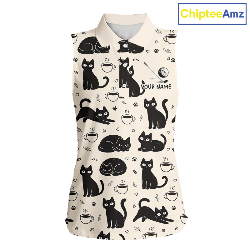 Personalized Black Cat Lover Sleeveless Women Golf Polo Shirt – Custom Name Cute Cat Pattern Shirt For Women NHT801