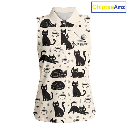 Personalized Black Cat Lover Sleeveless Women Golf Polo Shirt – Custom Name Cute Cat Pattern Shirt For Women NHT801