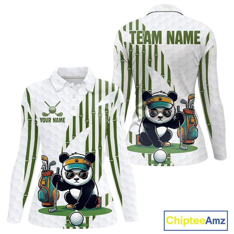 Custom Name Cool Panda Golf Polo Shirt  Funny Bamboo Panda Golfing Apparel