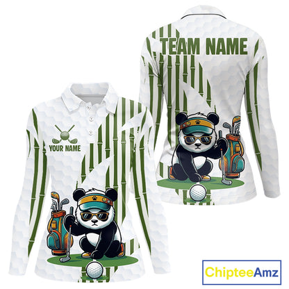 Custom Name Cool Panda Golf Polo Shirt  Funny Bamboo Panda Golfing Apparel