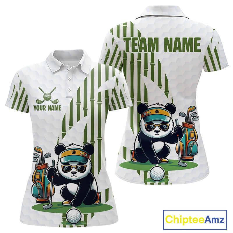 Custom Name Cool Panda Golf Polo Shirt  Funny Bamboo Panda Golfing Apparel