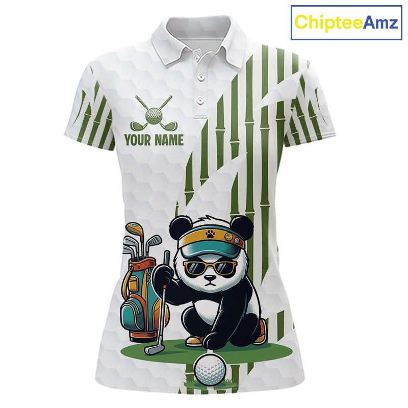 Custom Name Cool Panda Golf Polo Shirt  Funny Bamboo Panda Golfing Apparel